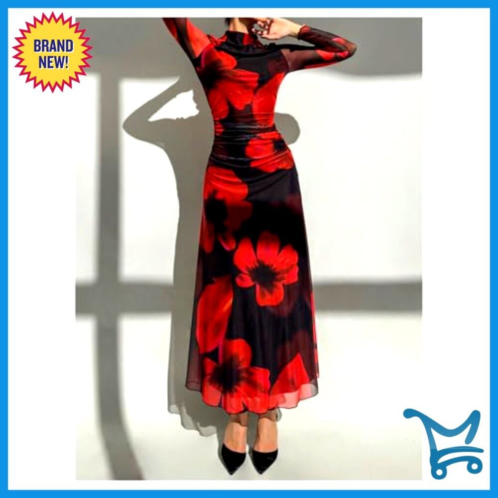 Floral Maxi Dress Elegant Long Sleeve Ruched A-Line Wedding Guest Holiday - Picture 3 of 7